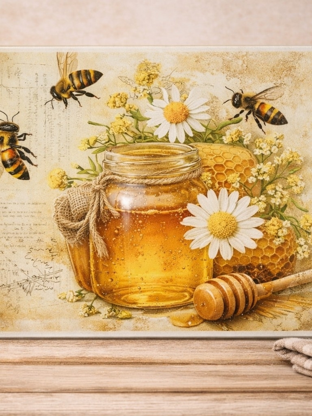 Rustic Honey Jar & Bees Glass Cutting Board - Yellow White